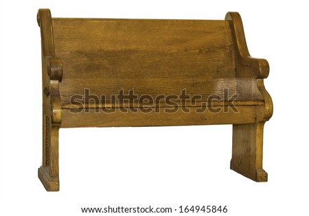 A brown wooden church pew isolated on a white background.