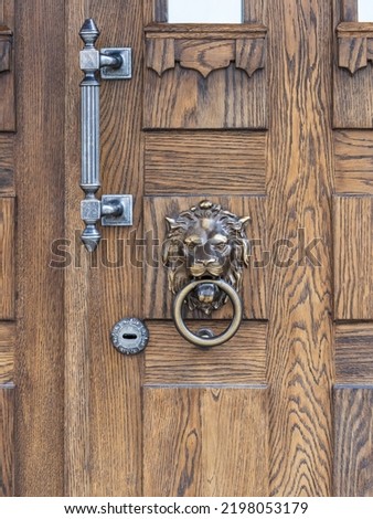 A brown wooden door with beautiful bronze retro style carved lion head handle knocker.