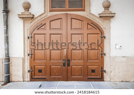 brown wooden enterance door. Old fashioned front double doors, all in dark brown colors. Beautiful stone door platband and column capitals in shape of ball