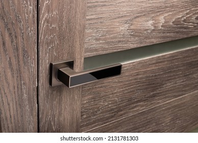 Brown wooden interior door with emphasis on metal handle. Close up of door handle on interior door with frosted glass inserts. Interior details or catalog for furniture store.