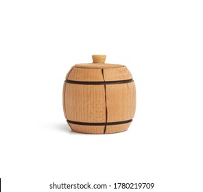 Brown Wooden Mini Keg With Lid Isolated On White Background, Close Up