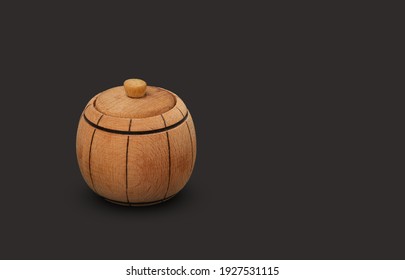 Brown Wooden Mini Keg With Lid Isolated On Black Background, Close Up. High Quality Photo