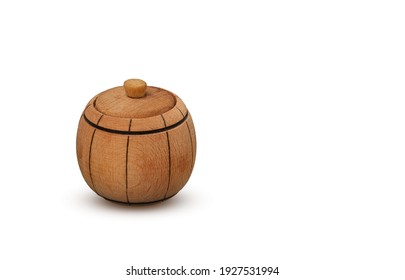 Brown Wooden Mini Keg With Lid Isolated On White Background, Close Up. High Quality Photo