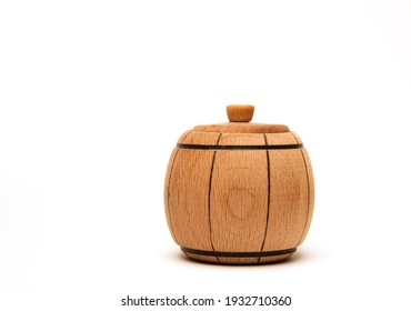 Brown Wooden Mini Keg With Lid Isolated On White Background, Close Up.side View. High Quality Photo