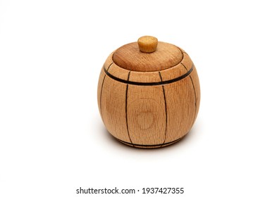 Brown Wooden Mini Keg With Lid Isolated On White Background, Close Up. High Quality Photo