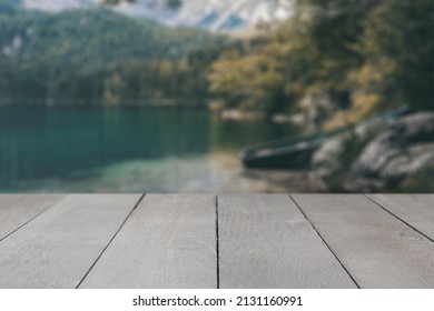 Brown Wooden Perspective Pier Mockup With A Summers Lake In The Background. With Empty Space For A Digital Product Mockup.