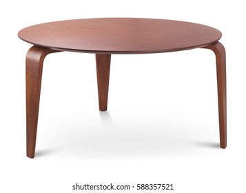 Brown Wooden Round Coffee Table, Dinning Table, Magazines Table. Modern Designer, Table Isolated On White Background. Series Of Furniture.