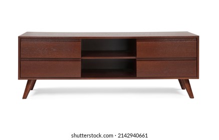 Brown Wooden TV Table Isolated On White Background . Front View