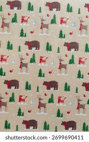 A brown wrapping paper background in a pattern of forest animals