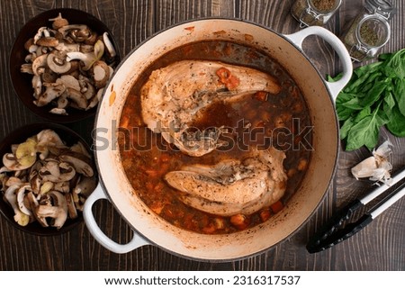 Browned Chicken Breasts and Tomato Sauce in a Dutch Oven: Seared chicken breasts placed skin side down in a Dutch oven surrounded by ingredients