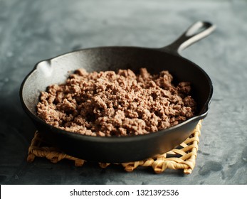 Browned Ground Beef In Cast Iron Skillet