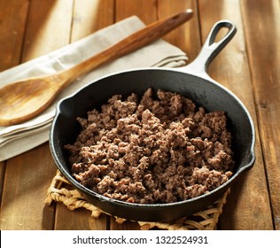 Browned Ground Beef In Cast Iron Skillet