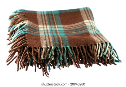 Brown-green Checkered Tartan Wool Blanket With Fringe Isolated On White