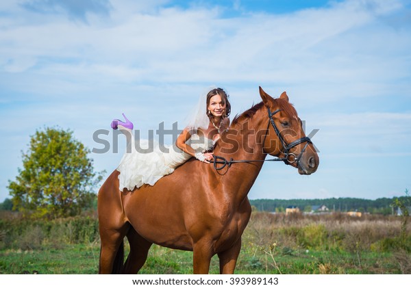 Brownhaired Woman On Horse Wedding Dress Stock Photo Edit Now