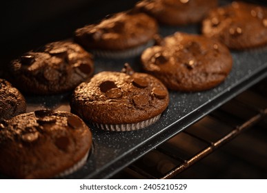 Brownie style chocolate chips chocolate muffins baking in oven. Selective focus. Fresh warm dessert - Powered by Shutterstock