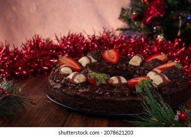 
Brownie Wreath, Christmas Dessert On A Wooden Table.