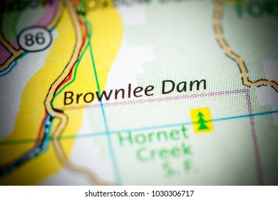 Brownlee Dam. Idaho. USA On A Map.