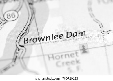 Brownlee Dam. Idaho. USA On A Map.