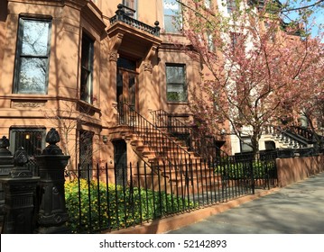 Brownstone Apartment Building On Berkeley Place In Spring In Park Slope, Brooklyn, New York