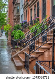 Brownstone On Upper East Side Of New York City On Rainy Day