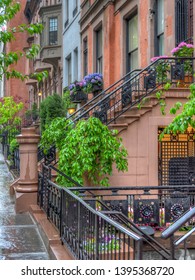 Brownstone On Upper East Side Of New York City On Rainy Day