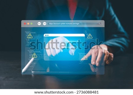 Browser window overlay on tablet with finger pointing at suspicious login URL and warning triangles, illustrating concept phishing website detection, account takeover risk and online security. warning