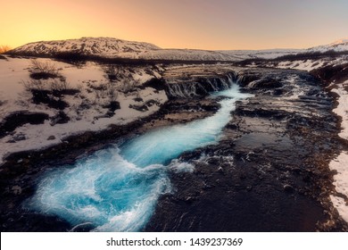 Bruarfoss, The Famous Waterfall In Golden Circle,Reykjavik,Iceland During Sunset