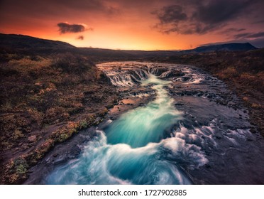 Bruarfoss waterfall sunset, Iceland, Europe