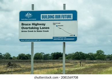 Bruce Highway Townsville To Mackay, Queensland, Australia - November 2021: Australian Government Outdoor Billboard Outlining Bruce Highway Overtaking Lanes