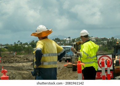 Bruce Highway Townsville To Mackay, Queensland, Australia - November 2021: Highway Road Construction Workers