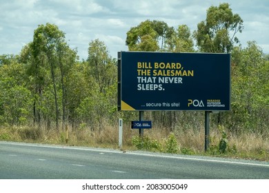 Bruce Highway, Townsville To Mackay, Queensland, Australia - November 2021: Outdoor Advertising Billboard Promoting Itself