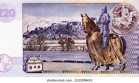 Bruce on a war horse in front of Stirling Castle and a seal, there is a representation of the "Monymusk Reliquary", Portrait from Scotland 20 Pounds 2005 Banknotes.