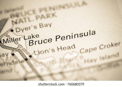 Bruce Peninsula. Canada on a map.