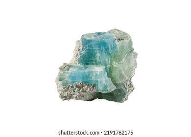 Brucite Mineral Magnesium Hydroxide, Fused Green Blue Crystals. Museum Mineral Series. Mineralogical Sample Isolated On White