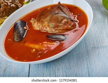 Brudet, Fish Stew Made In Croatian Regions Of Dalmatia, Kvarner And Istria, As Well As Along The Coast Of Montenegro, Balkan Cuisine Cuisine, Traditional Assorted Dishes, Top View.