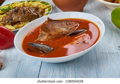 Brudet, Fish Stew Made In Croatian Regions Of Dalmatia, Kvarner And Istria, As Well As Along The Coast Of Montenegro, Balkan Cuisine Cuisine, Traditional Assorted Dishes, Top View.