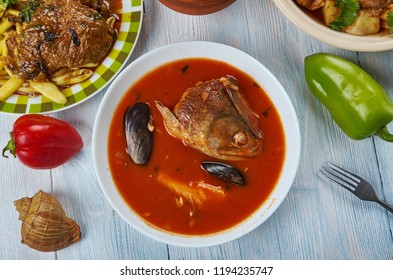 Brudet, Fish Stew Made In Croatian Regions Of Dalmatia, Kvarner And Istria, As Well As Along The Coast Of Montenegro, Balkan Cuisine Cuisine, Traditional Assorted Dishes, Top View.