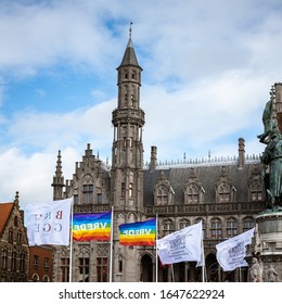 Bruges, Belgium, 2019 Peace Flags on the main square of Bruges