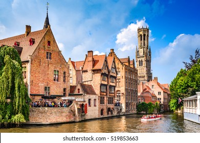 BRUGES, BELGIUM - 7 August 2014: Scenery with water canal in Bruges, "Venice of the North", cityscape of Flanders, Belgium.