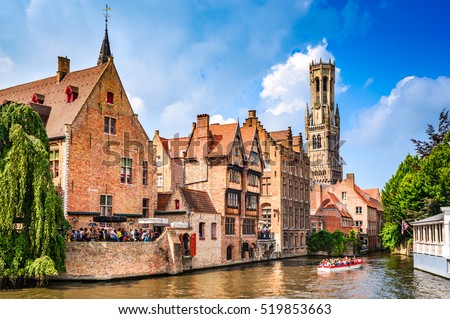 BRUGES, BELGIUM - 7 August 2014: Scenery with water canal in Bruges, 