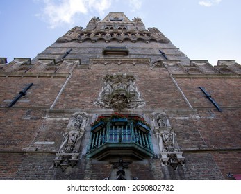 BRUGES, BELGIUM - APRIL 13, 2014:  Looking up at the old Belfry Bell Tower