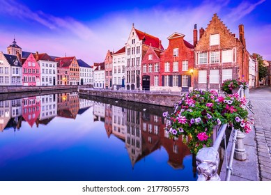 Bruges, Belgium. Blue hour sunrise landscape with water reflection houses on Spiegelrei Canal, famous Flanders landmark. - Shutterstock ID 2177805573