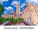 Bruges, Belgium: Church of Our Lady (Vrouwekerk) and Bonifacius Bridge in a beautifull, sunny day, West Flanders