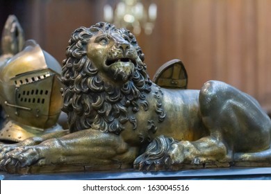 Bruges, Belgium, Europe - June, 30th, 2019 - Lion on the tombs of Charles the Bold, Duke of Burgundy and Duchess Mary, Church of Our Lady