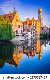 Bruges, Belgium. Golden hour landscape with beautiful Rozenhoedkaai in Brugge, famous Flanders landmark. - Shutterstock ID 2175827459