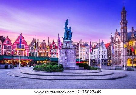 Bruges, Belgium. Grote Markt, meeting place of the Brugelings and tourists in Brugge, West Flanders.