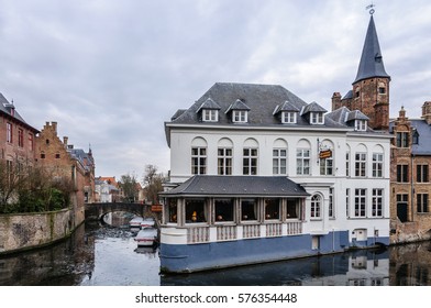 BRUGES, BELGIUM - JANUARY 27, 2017: Canal and medieval houses in the UNESCO World Heritage Old Town of Bruges, Belgium