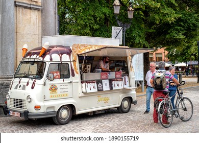 Bruges, Belgium - July 2020: Food Truck, Ice Cream, In Street In Bruges, Belgium