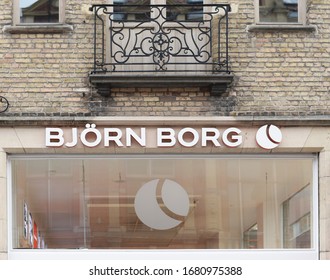BRUGES, BELGIUM – MARCH 15, 2020: Björn Borg detail of shop window with balcony. Bjorn Borg is a Swedish fashion company, producing mostly underwear, named after the former professional tennis player