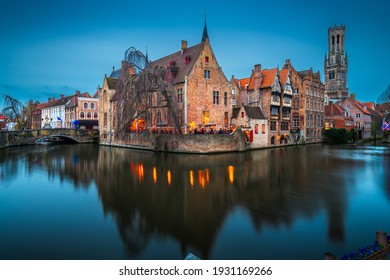 Bruges, Belgium night scene on the Rozenhoedkaai River.